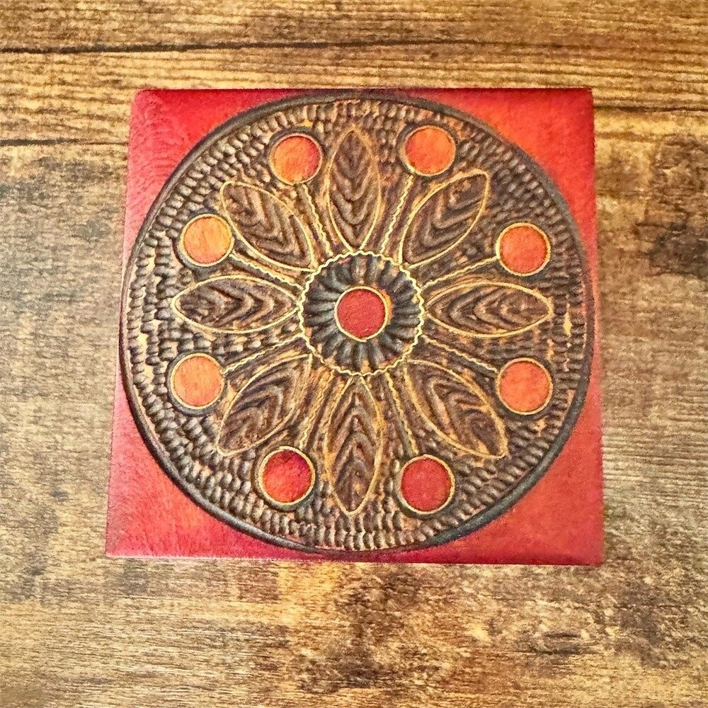 Handcrafted Trinket Jewelry Box Red Mandala Carved Hinged Lid 3x3in